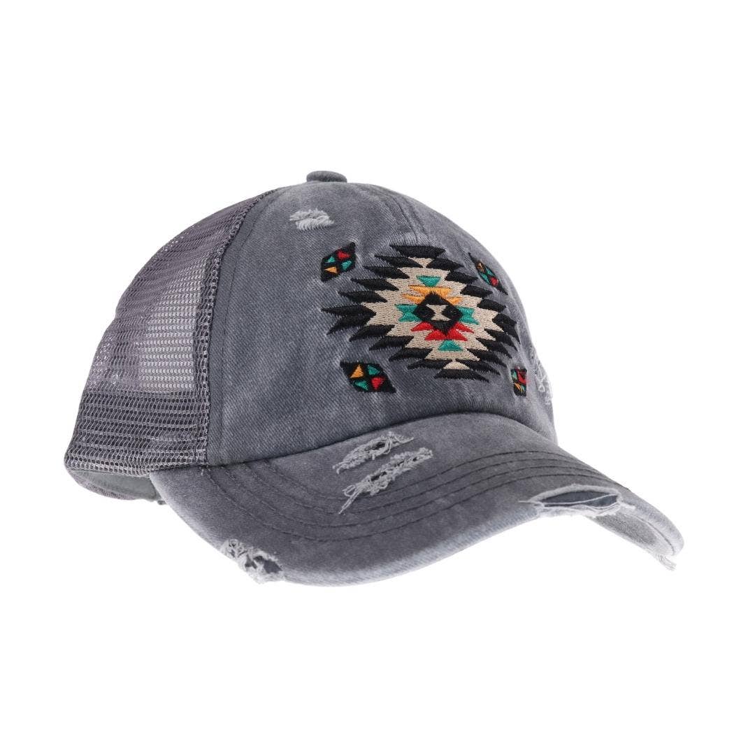 Distressed Aztec Patch Criss Cross High Pony C.C Ball Cap BT