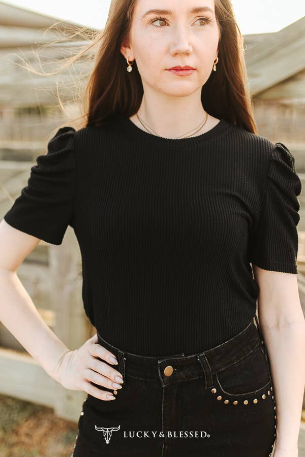Black Textured Puff Short Sleeve Top